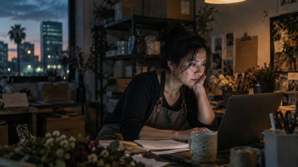 A small-business owner in an apron leaning over a laptop on a cluttered back-office desk late in the day, photographed in San Jose