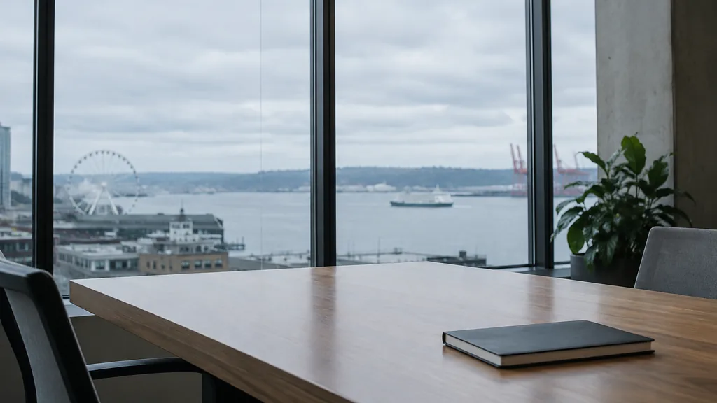 An empty workspace in a Seattle waterfront office with cool overcast window light, an empty table and one closed notebook