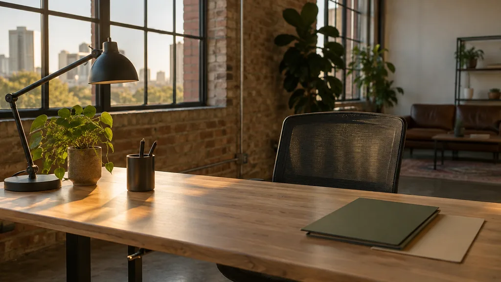 An empty workspace in an Austin warehouse-conversion office with warm late light, an empty desk and plain unbranded folders
