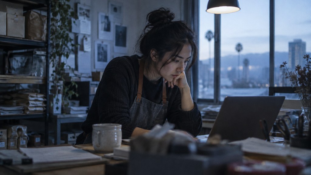 A small-business owner in an apron leaning over a laptop on a cluttered back-office desk late in the day, photographed in San Jose