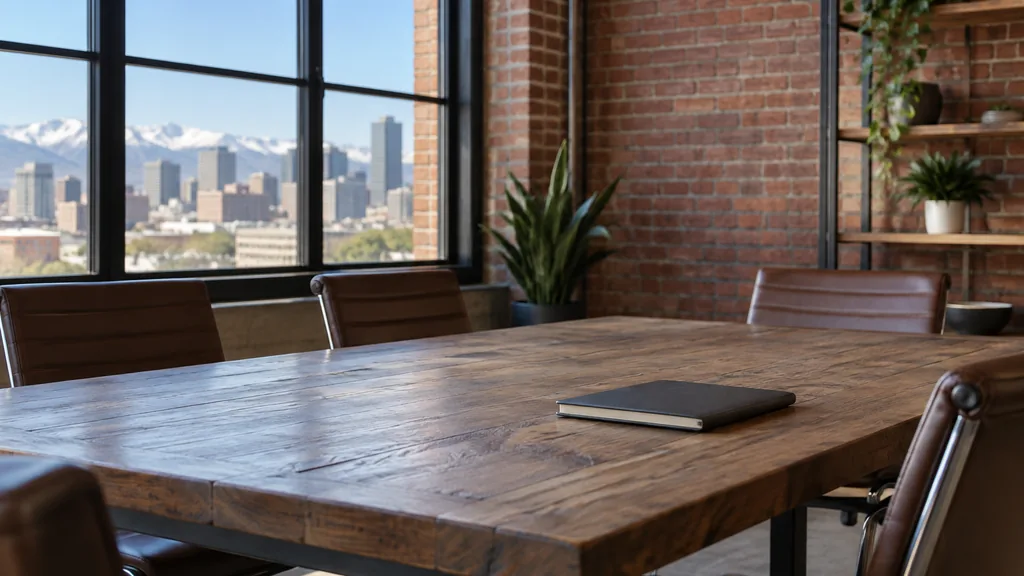 An empty workspace in a Denver brick loft office with clear high-altitude daylight, an empty meeting table and one closed notebook