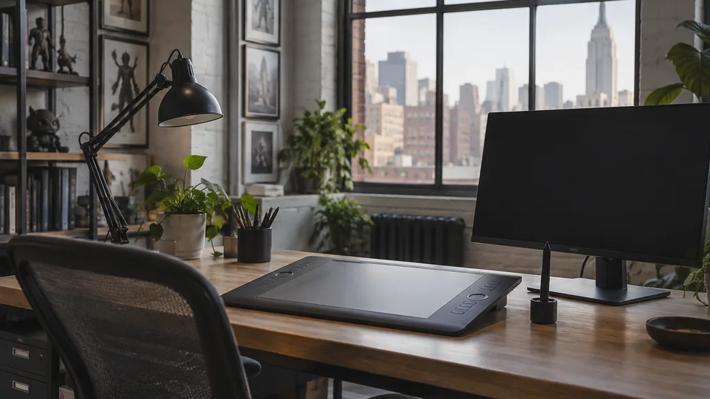 An empty workspace in a New York animation studio with soft north light, an empty drawing desk, a graphics tablet and a dark monitor