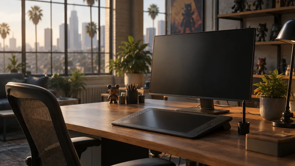 An empty workspace in a Los Angeles animation studio with warm afternoon light, an empty desk, a graphics tablet and a dark monitor