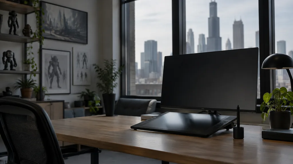 An empty workspace in a Chicago animation studio with soft grey window light, an empty desk, a graphics tablet and a dark monitor