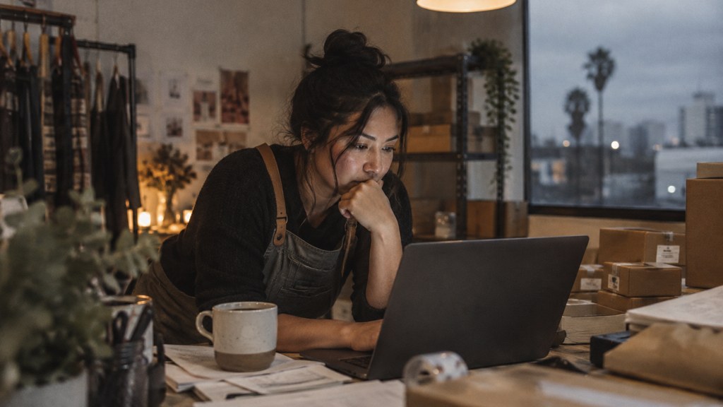 A small-business owner in an apron leaning over a laptop on a cluttered back-office desk late in the day, photographed in San Jose