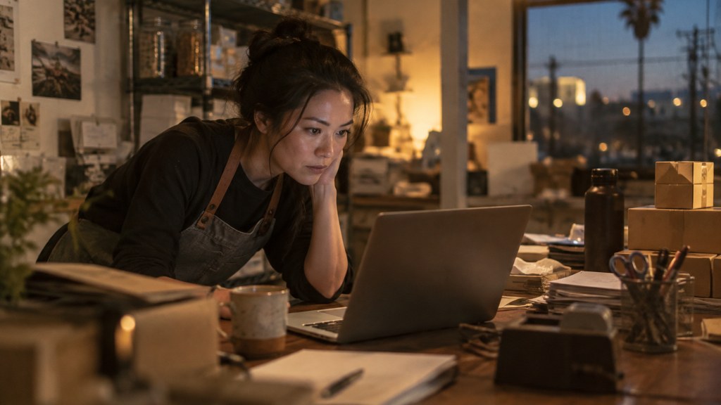 A small-business owner in an apron leaning over a laptop on a cluttered back-office desk late in the day, photographed in San Jose