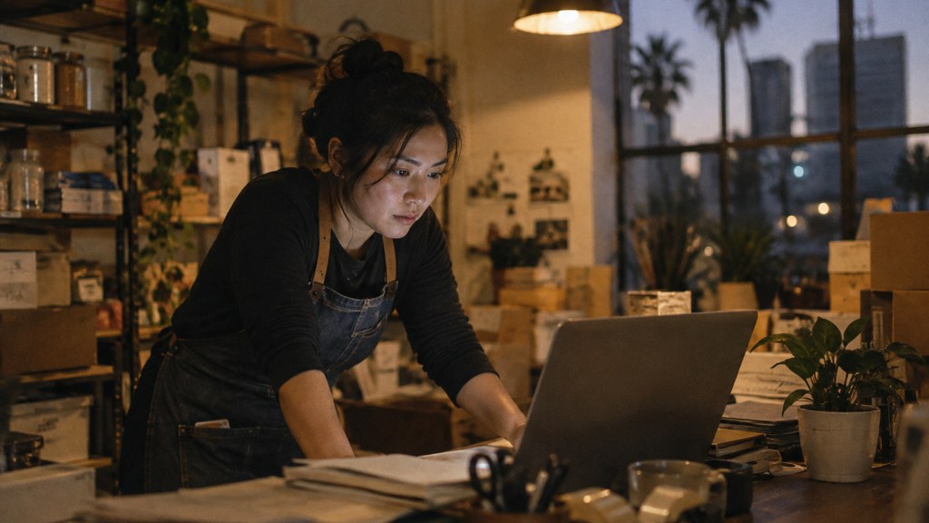 A small-business owner in an apron leaning over a laptop on a cluttered back-office desk late in the day, photographed in San Jose
