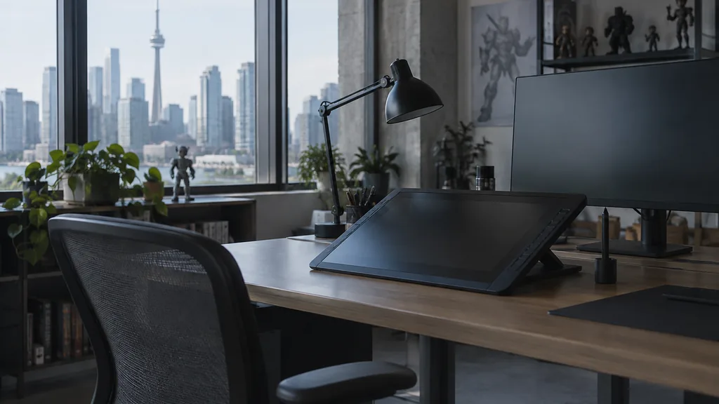 An empty workspace in a Toronto animation studio with cool north light, an empty drawing desk, a graphics tablet and a dark monitor