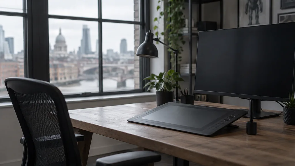An empty workspace in a London animation studio with soft grey window light, an empty desk, a graphics tablet and a dark monitor