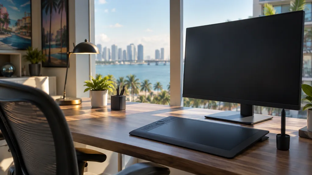 An empty workspace in a Miami animation studio with bright coastal daylight, an empty desk, a graphics tablet and a dark monitor