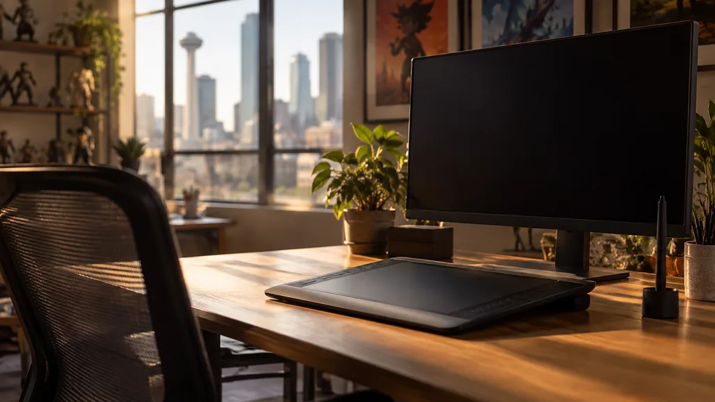 An empty workspace in a Dallas animation studio with warm afternoon light, an empty desk, a graphics tablet and a dark monitor