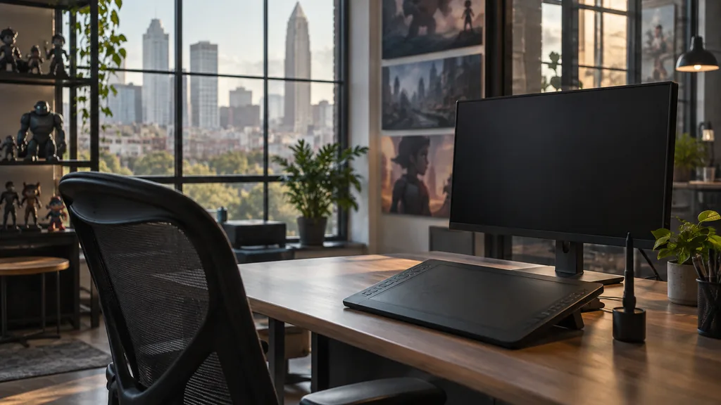 An empty workspace in an Atlanta animation studio with soft filtered daylight, an empty desk, a graphics tablet and a dark monitor