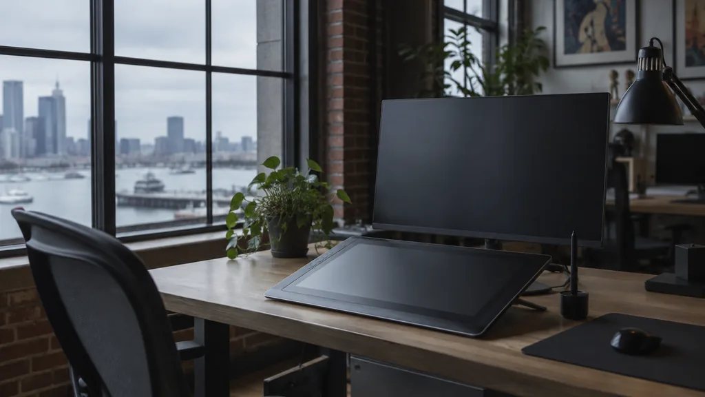 An empty workspace in a Boston animation studio with cool overcast light, an empty desk, a graphics tablet and a dark monitor