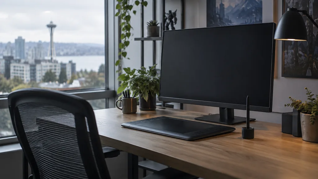 An empty workspace in a Seattle animation studio with cool north light, an empty desk, a graphics tablet and a dark monitor