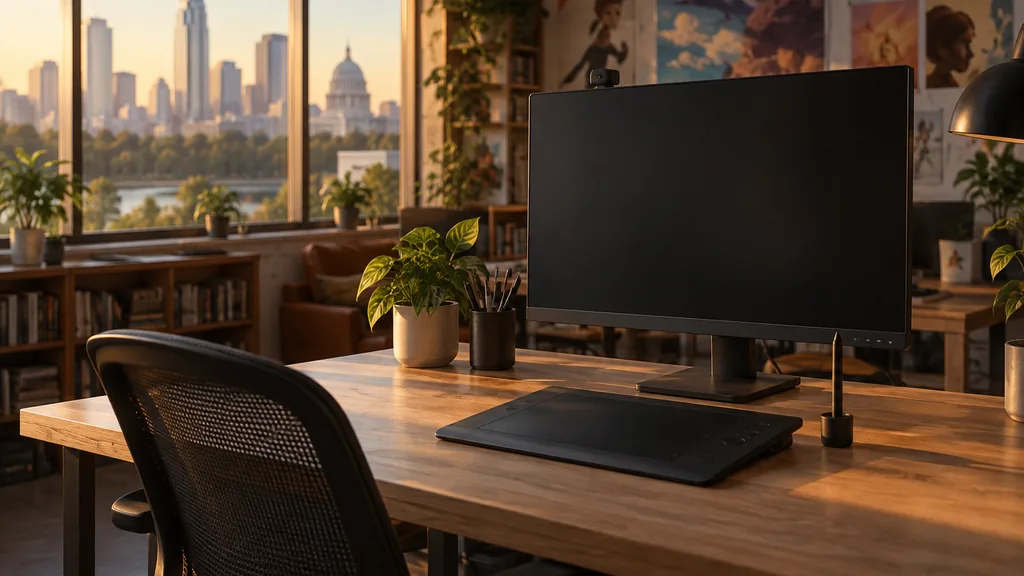 An empty workspace in an Austin animation studio with warm late daylight, an empty desk, a graphics tablet and a dark monitor