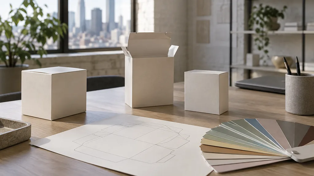 An empty workspace on an empty New York design studio table with blank unprinted cartons, a folded dieline sheet and a colour swatch fan