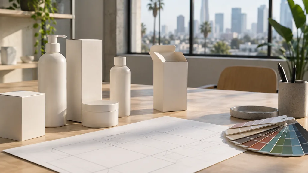 An empty workspace on an empty Los Angeles design studio table with blank unprinted bottles and cartons, a dieline sheet and a colour swatch fan