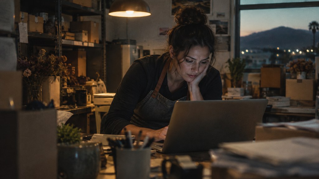 A small-business owner in an apron leaning over a laptop on a cluttered back-office desk late in the day, photographed in Santa Clarita