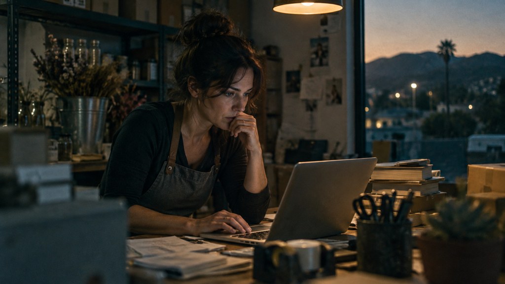 A small-business owner in an apron leaning over a laptop on a cluttered back-office desk late in the day, photographed in Santa Clarita