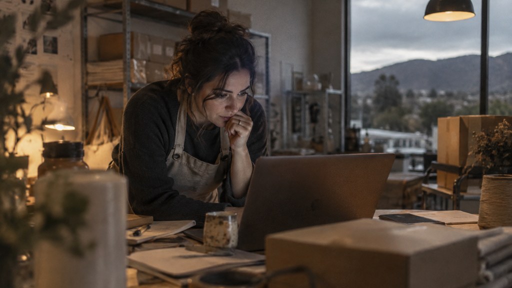 A small-business owner in an apron leaning over a laptop on a cluttered back-office desk late in the day, photographed in Santa Clarita