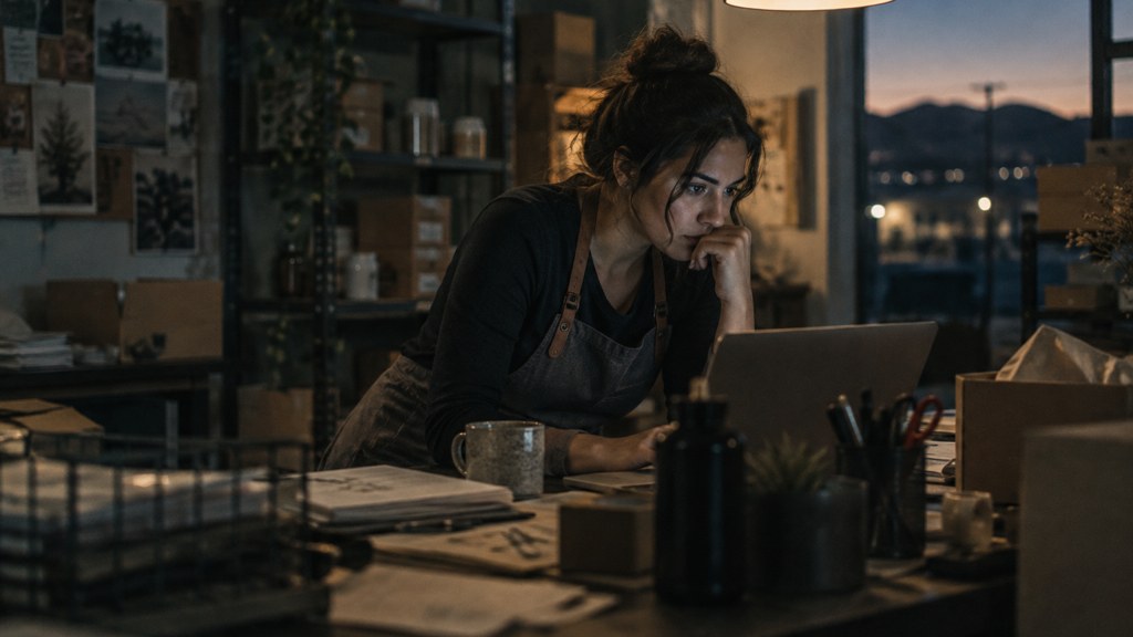 A small-business owner in an apron leaning over a laptop on a cluttered back-office desk late in the day, photographed in Santa Clarita