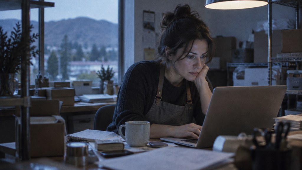 A small-business owner in an apron leaning over a laptop on a cluttered back-office desk late in the day, photographed in Santa Clarita