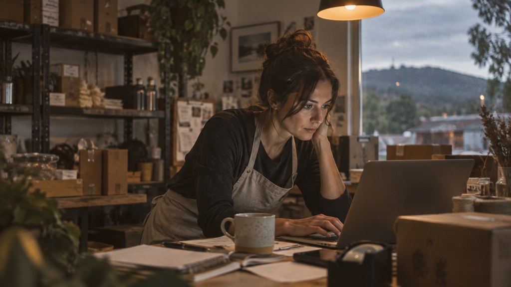 A small-business owner in an apron leaning over a laptop on a cluttered back-office desk late in the day, photographed in Santa Clarita