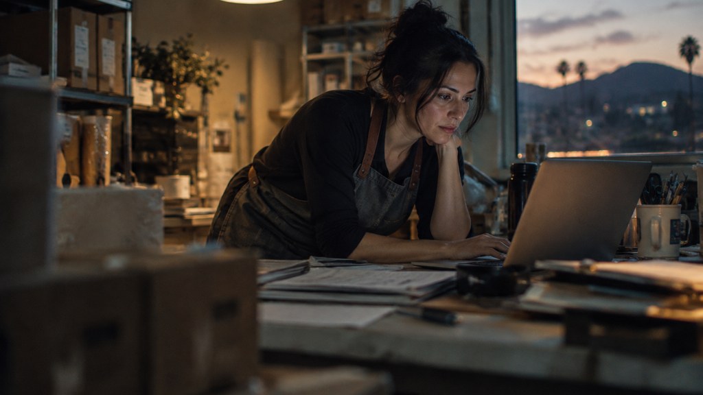 A small-business owner in an apron leaning over a laptop on a cluttered back-office desk late in the day, photographed in Santa Clarita