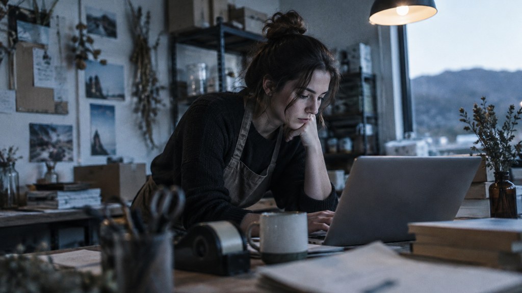 A small-business owner in an apron leaning over a laptop on a cluttered back-office desk late in the day, photographed in Santa Clarita