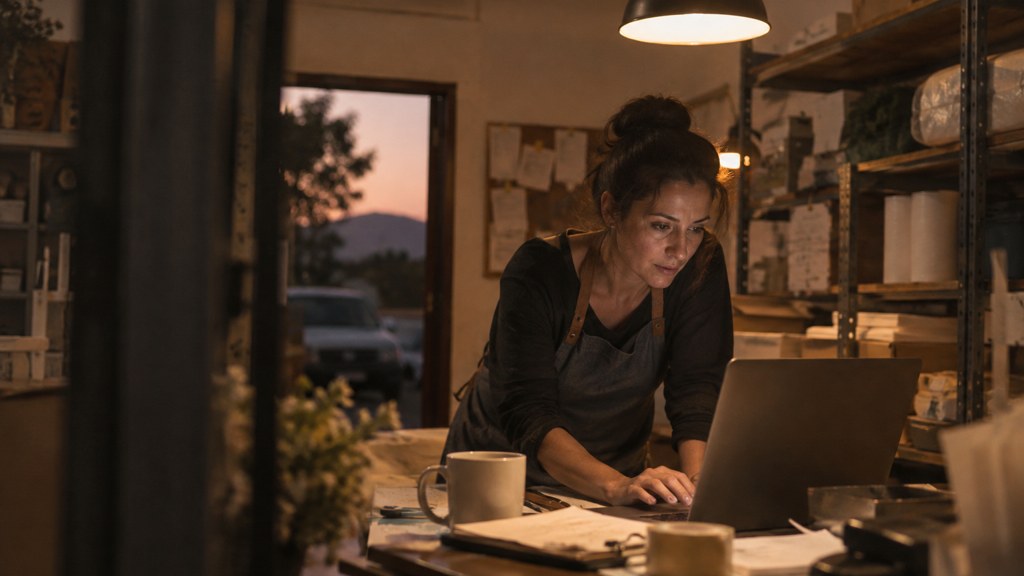 A small-business owner in an apron leaning over a laptop on a cluttered back-office desk late in the day, photographed in Santa Clarita