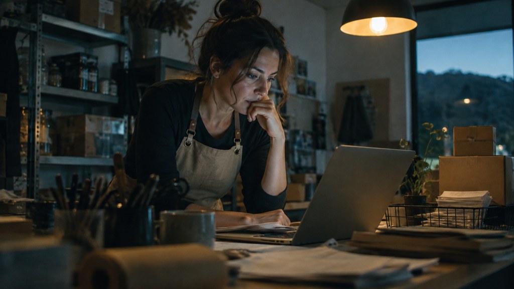 A small-business owner in an apron leaning over a laptop on a cluttered back-office desk late in the day, photographed in Santa Clarita