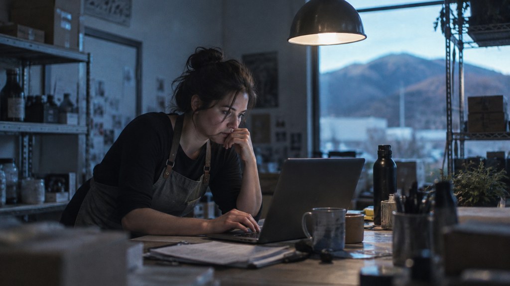 A small-business owner in an apron leaning over a laptop on a cluttered back-office desk late in the day, photographed in Santa Clarita