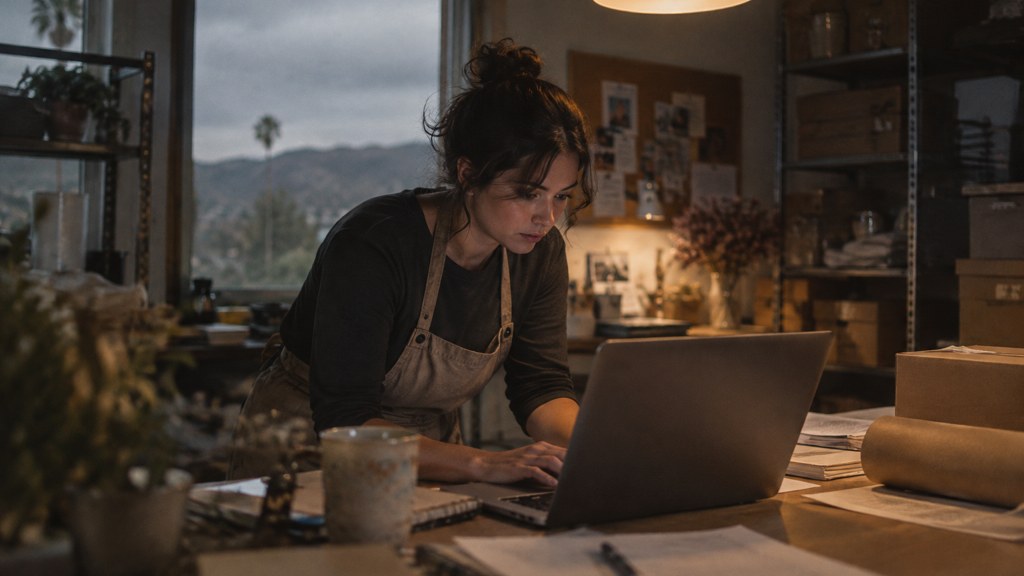 A small-business owner in an apron leaning over a laptop on a cluttered back-office desk late in the day, photographed in Santa Clarita