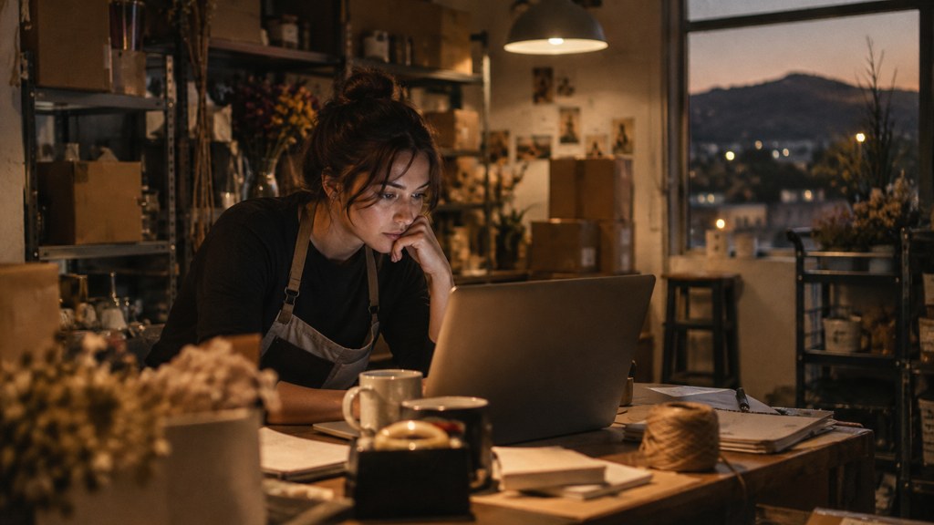 A small-business owner in an apron leaning over a laptop on a cluttered back-office desk late in the day, photographed in Santa Clarita