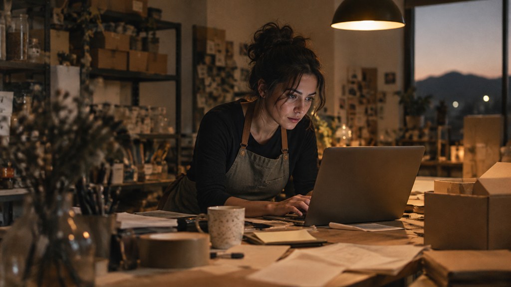 A small-business owner in an apron leaning over a laptop on a cluttered back-office desk late in the day, photographed in Santa Clarita