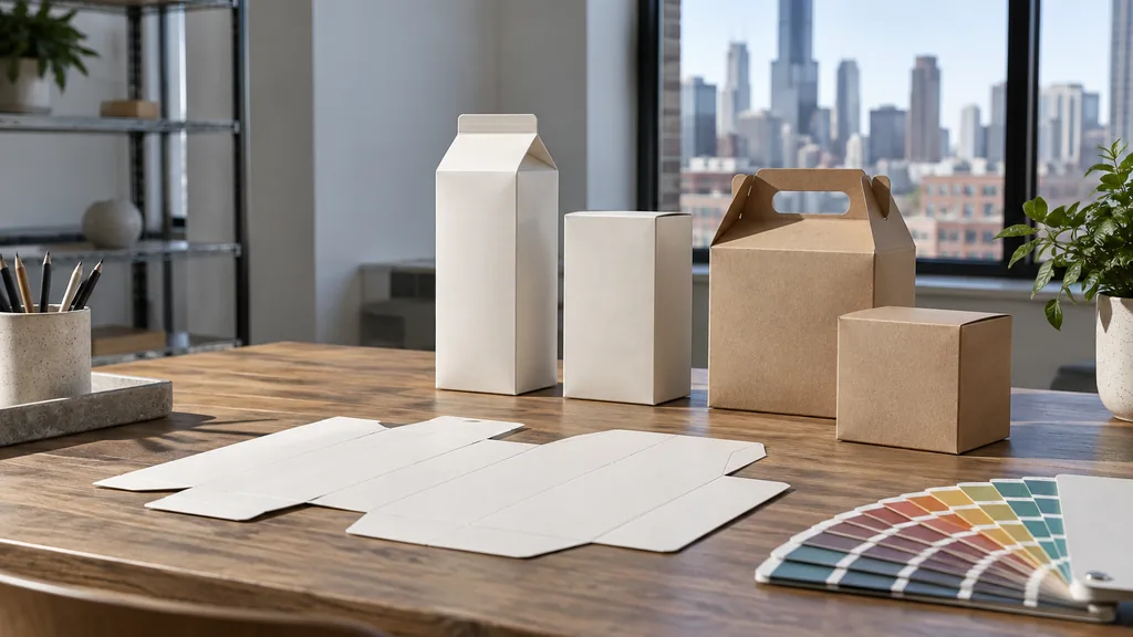 An empty workspace on an empty Chicago design studio table with blank unprinted grocery cartons, a folded dieline sheet and a colour swatch fan
