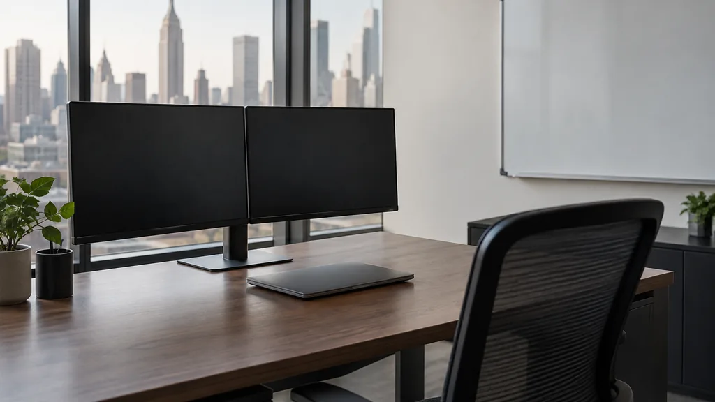 An empty workspace on an empty New York office desk with a blank dual-monitor setup showing nothing, a closed laptop and a whiteboard wiped clean