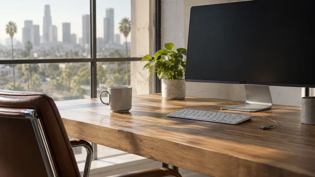 An empty workspace on an empty Los Angeles studio office desk beside a blank monitor, a coffee cup and an unplugged keyboard near a sunlit window