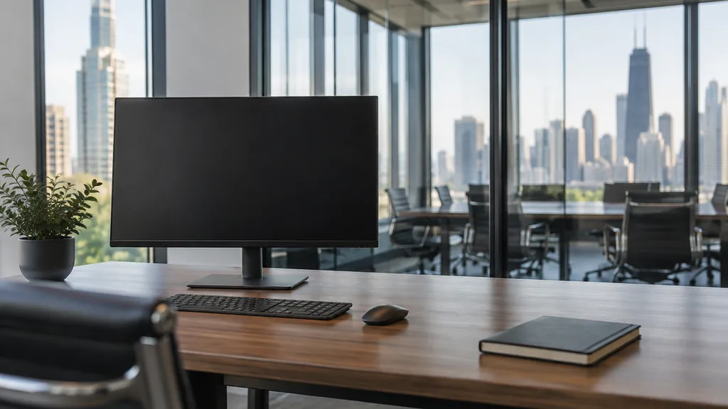 An empty workspace on an empty Chicago office table with a blank monitor, a closed notebook and a glass meeting wall behind it