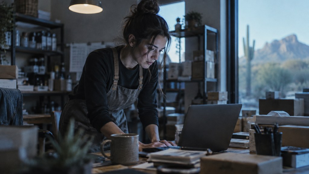 A small-business owner in an apron leaning over a laptop on a cluttered back-office desk late in the day, photographed in Scottsdale