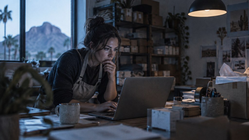 A small-business owner in an apron leaning over a laptop on a cluttered back-office desk late in the day, photographed in Scottsdale