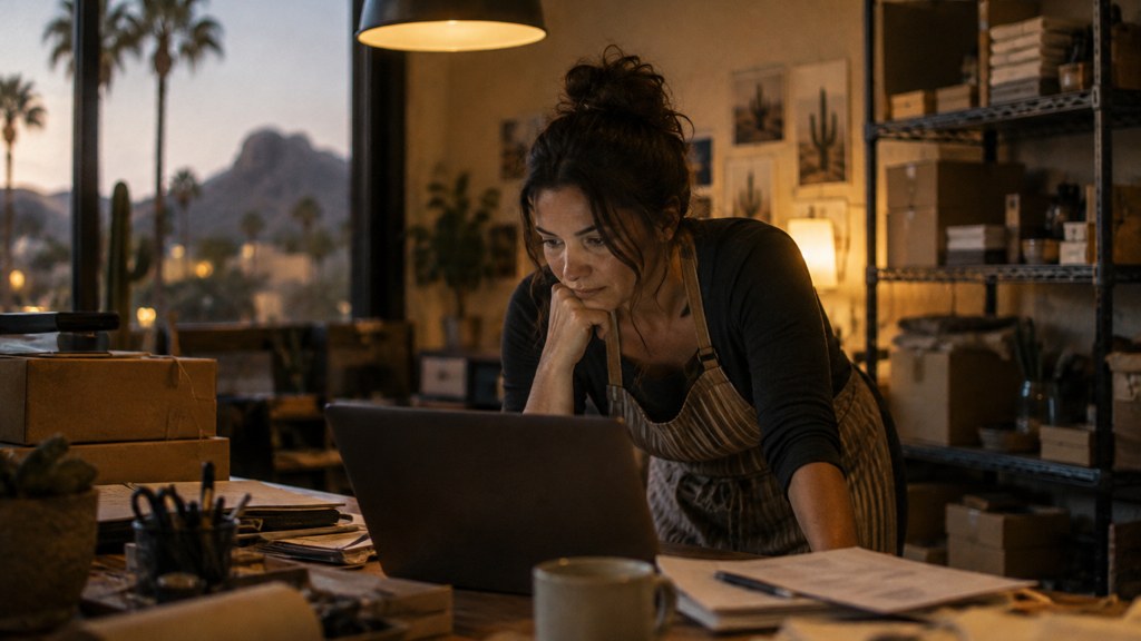A small-business owner in an apron leaning over a laptop on a cluttered back-office desk late in the day, photographed in Scottsdale
