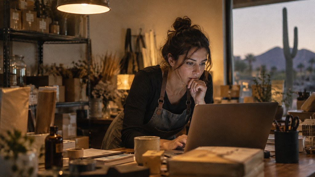 A small-business owner in an apron leaning over a laptop on a cluttered back-office desk late in the day, photographed in Scottsdale