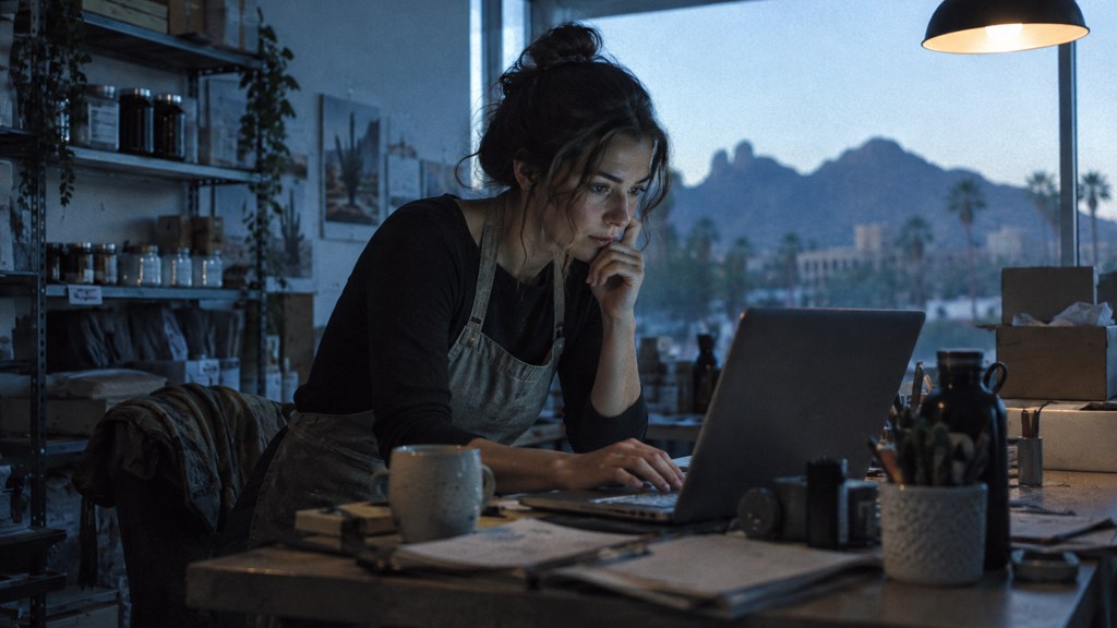 A small-business owner in an apron leaning over a laptop on a cluttered back-office desk late in the day, photographed in Scottsdale
