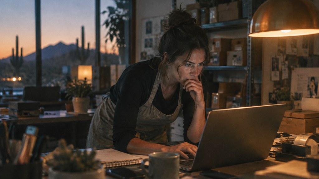 A small-business owner in an apron leaning over a laptop on a cluttered back-office desk late in the day, photographed in Scottsdale