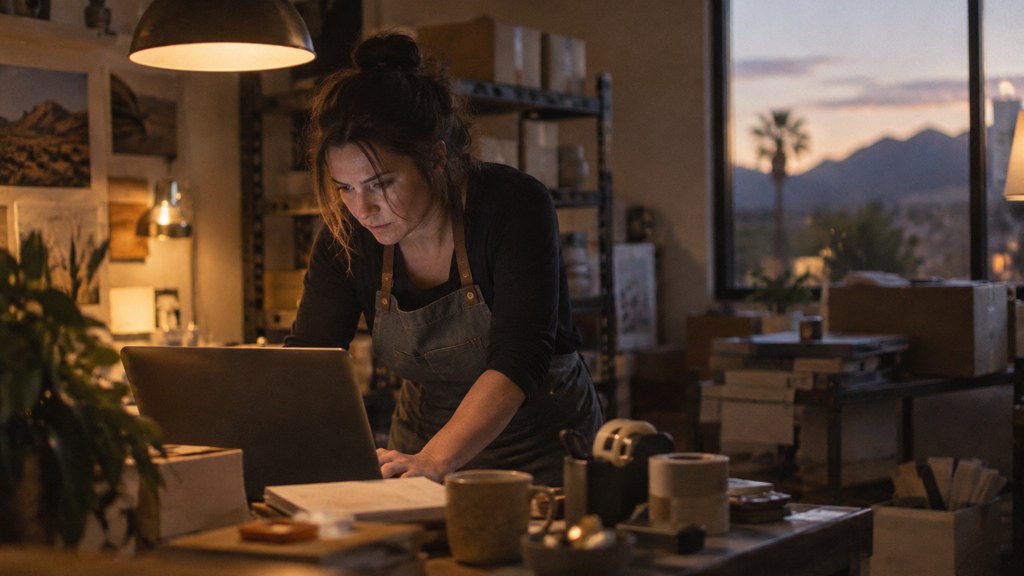 A small-business owner in an apron leaning over a laptop on a cluttered back-office desk late in the day, photographed in Scottsdale