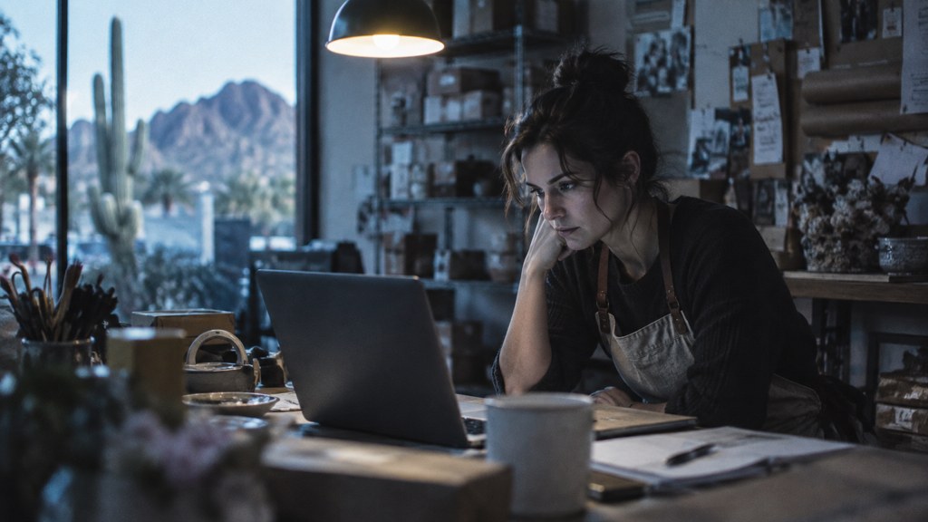 A small-business owner in an apron leaning over a laptop on a cluttered back-office desk late in the day, photographed in Scottsdale