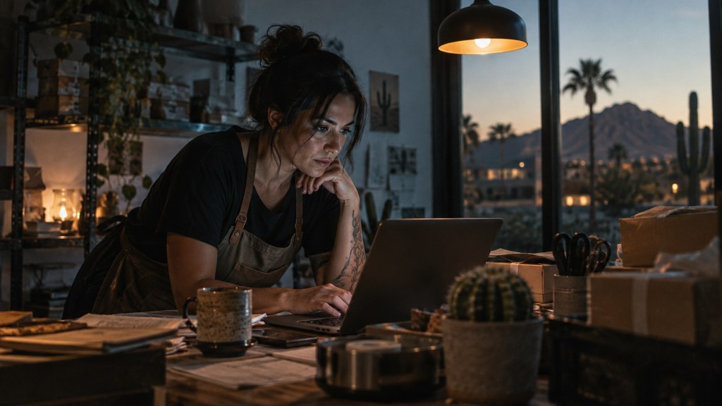 A small-business owner in an apron leaning over a laptop on a cluttered back-office desk late in the day, photographed in Scottsdale