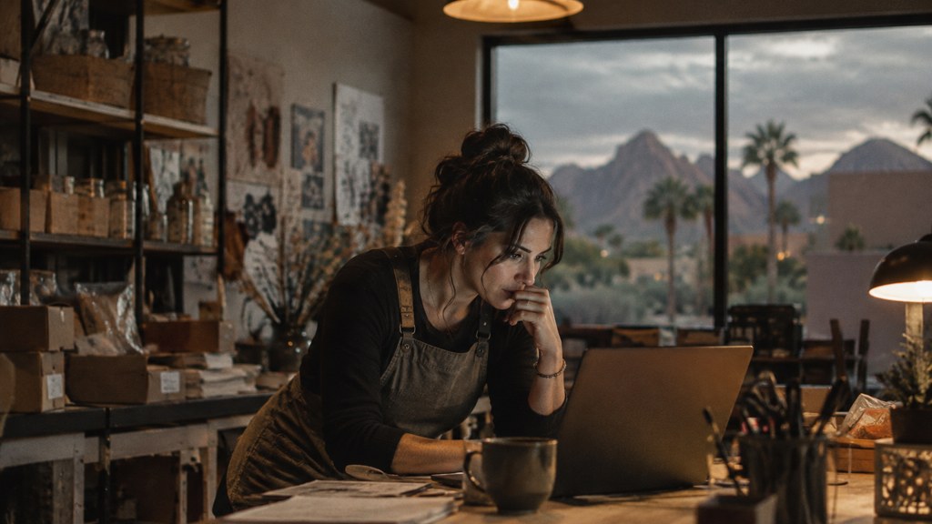 A small-business owner in an apron leaning over a laptop on a cluttered back-office desk late in the day, photographed in Scottsdale