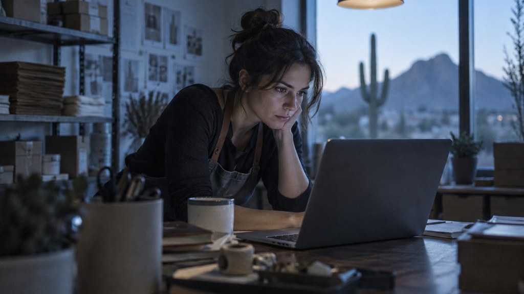 A small-business owner in an apron leaning over a laptop on a cluttered back-office desk late in the day, photographed in Scottsdale